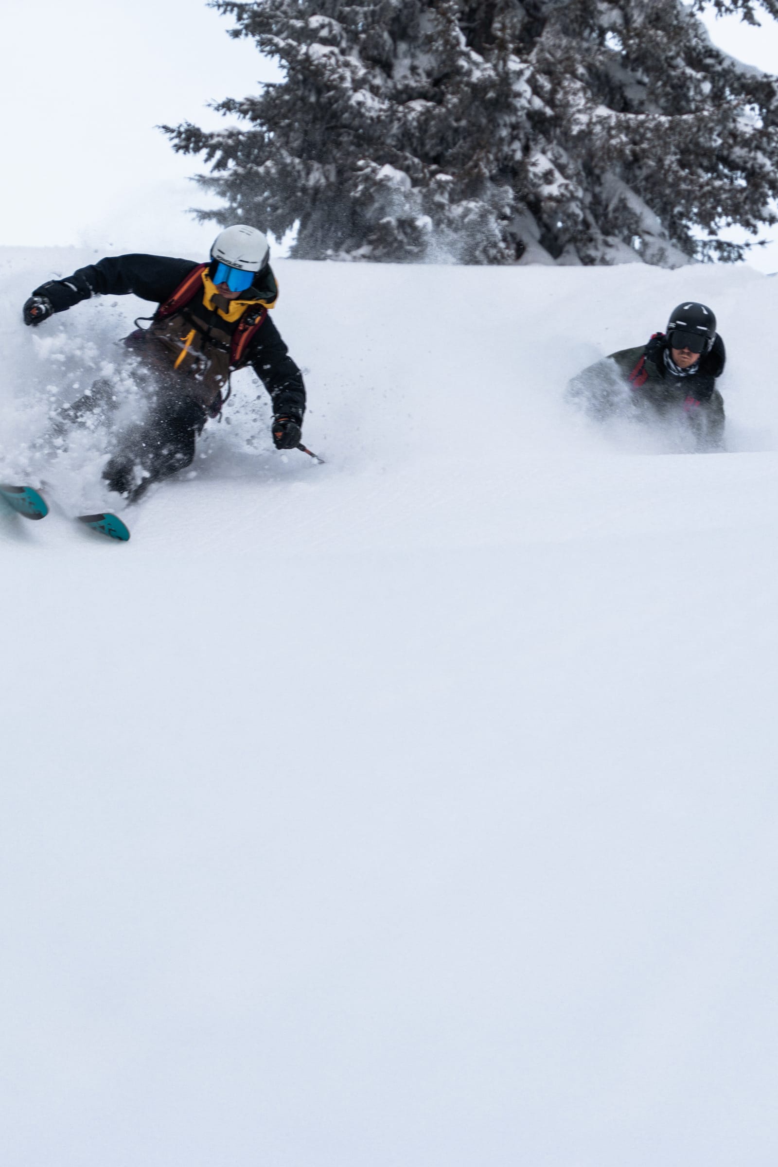 Two riders carving through deep powder beneath a snow-covered fir tree in Goderdzi