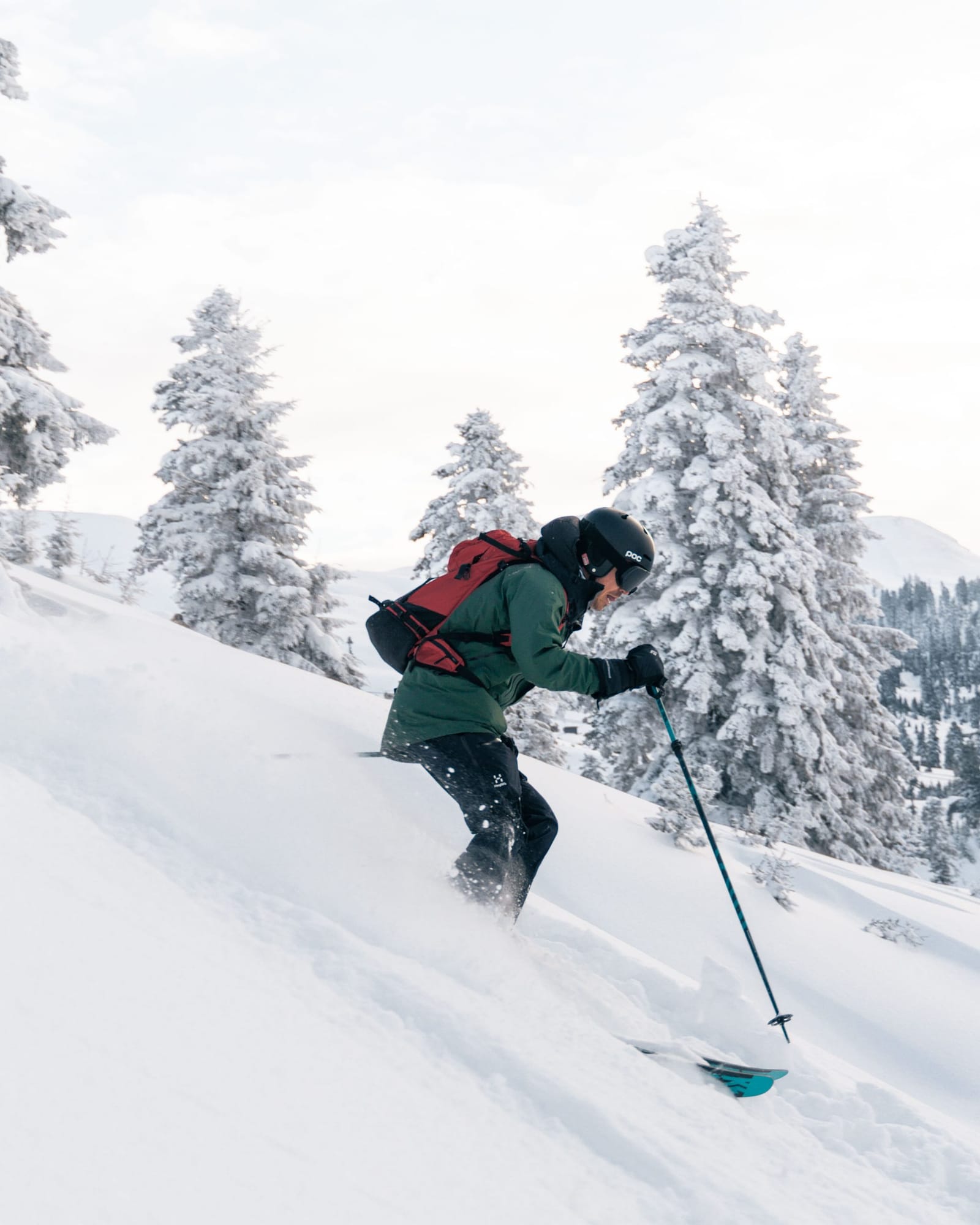 A skier in a green jacket riding powder beside snow-covered fir trees in Goderdzi